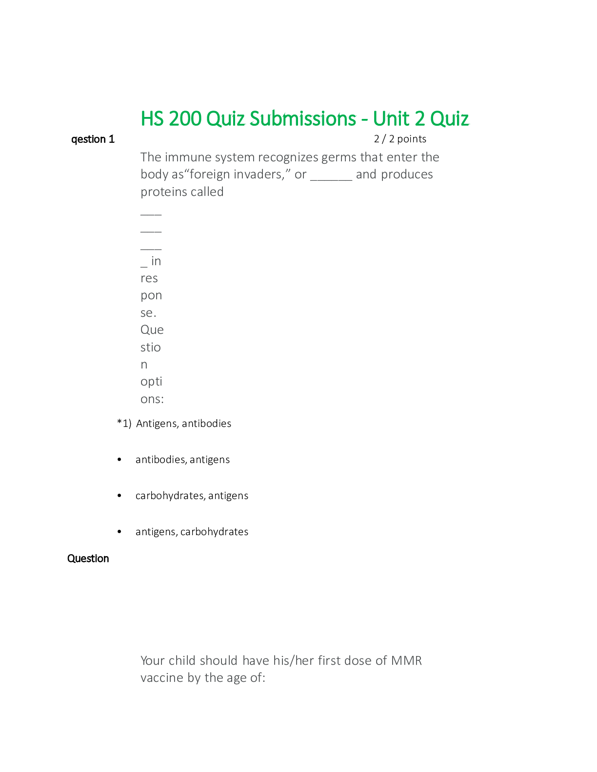 Preview image for Purdue University-MEDICAL HS200; HS 200 Quiz Submissions - Unit 2 Quiz answered.